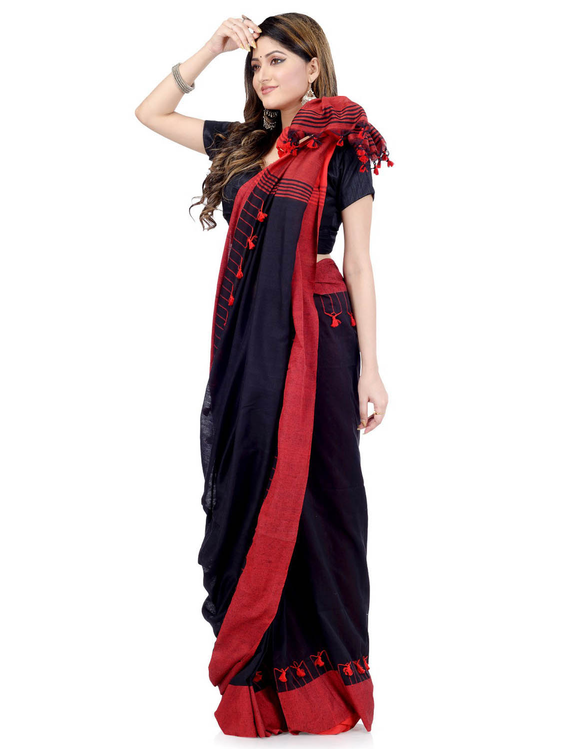 Red & Black Traditional Bengali Handloom Tant Pure Cotton Saree Pompom Desigined With Blouse Piece